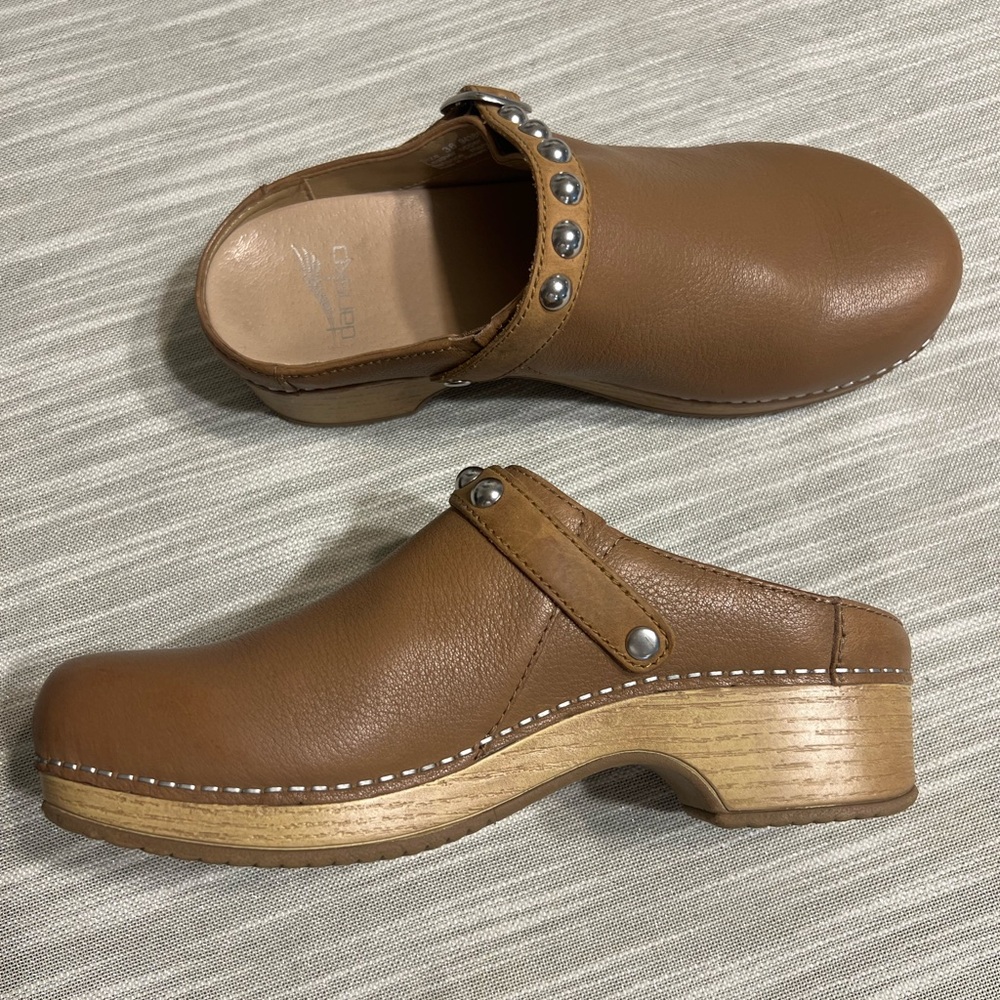 Dansko Brown Leather Studded Clogs - Tan Wood Heel